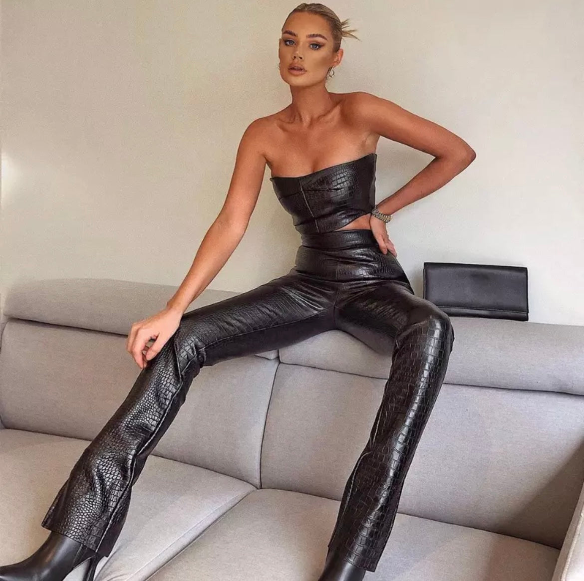 2pc Studded Faux Leather Set with Cutout Shorts and Cutout Top